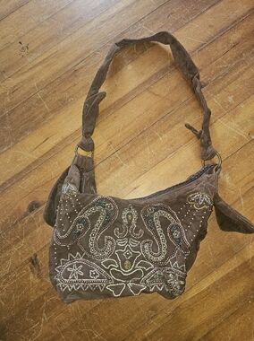 Nicole Lee Brown Suede Shoulder Bag with Beaded Paisley Embroidery